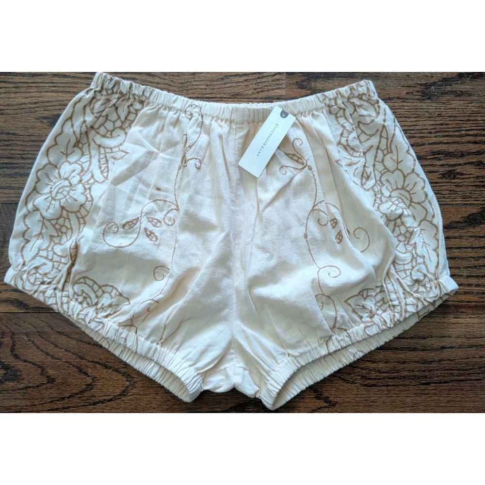NWT Anthropologie Sz M Embroidered Beige Bloomer Shorts Pull On Elastic Boho - Picture 2 of 8